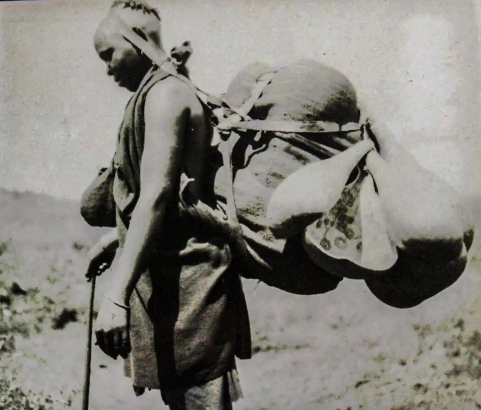 A gîkûyû woman with a load suspended using a head strap.‬