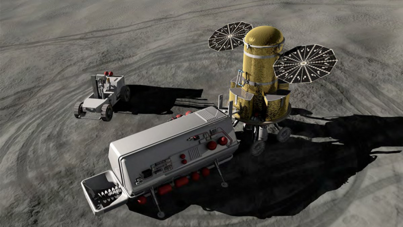 Boxy machine on legs with silo and antennas at one end.
