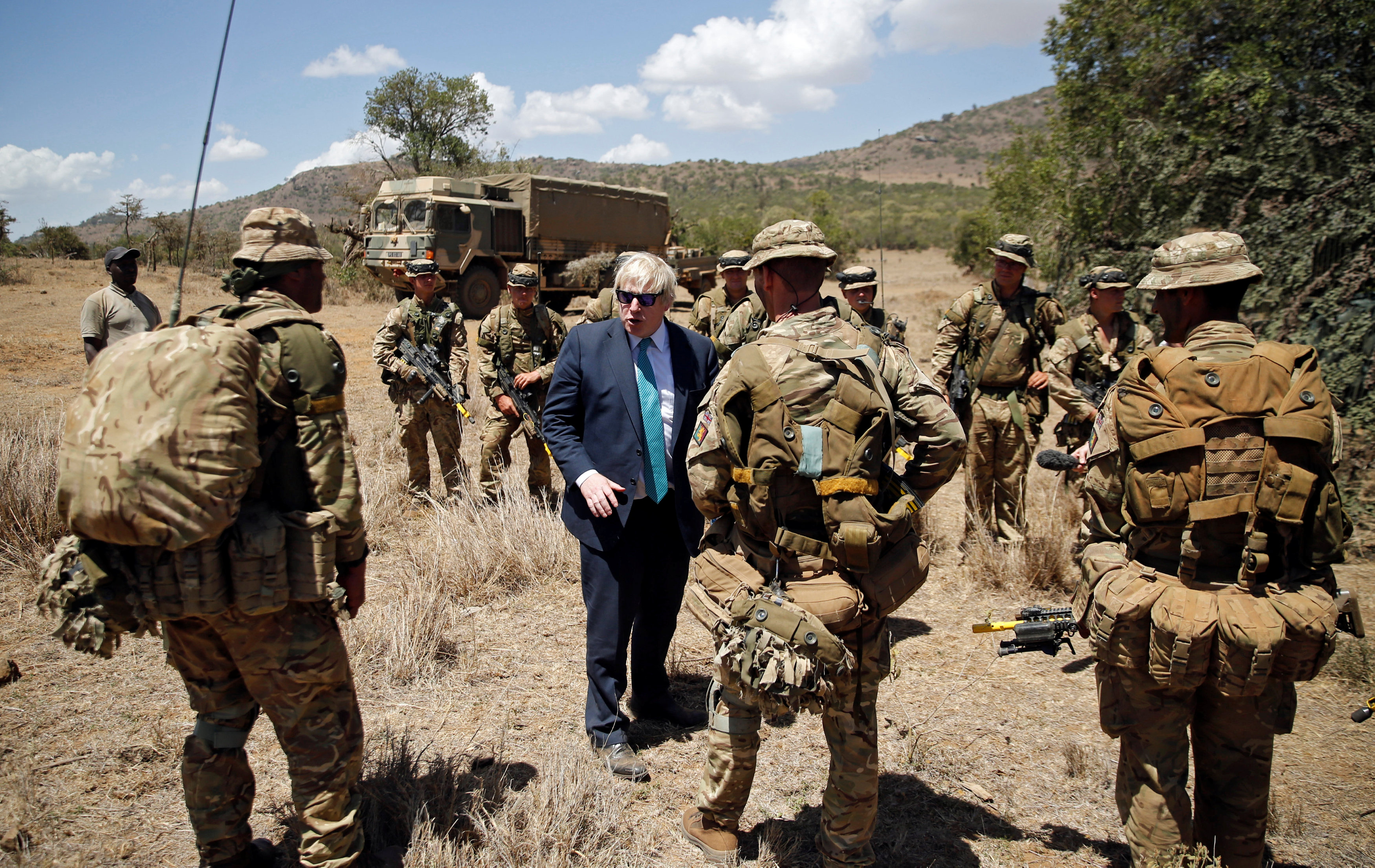 Boris Johnson talking to British soldiers at British Training Unit Kenya back in 2017