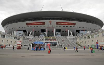 FILE - A general view of the St. Petersburg Stadium prior to the Confederations Cup soccer match between New Zealand and Portugal, in St. Petersburg, Russia, June 24, 2017. The British government led calls Tuesday, Feb. 22, 2022 for the Champions League final to be taken off Russia by European football's governing body to punish its deepening intervention in Ukraine. The showpiece men's game is due to be played in St. Petersburg on May 28 for the biggest sporting event in Russia since the 2018 World Cup.(AP Photo/Pavel Golovkin, file)