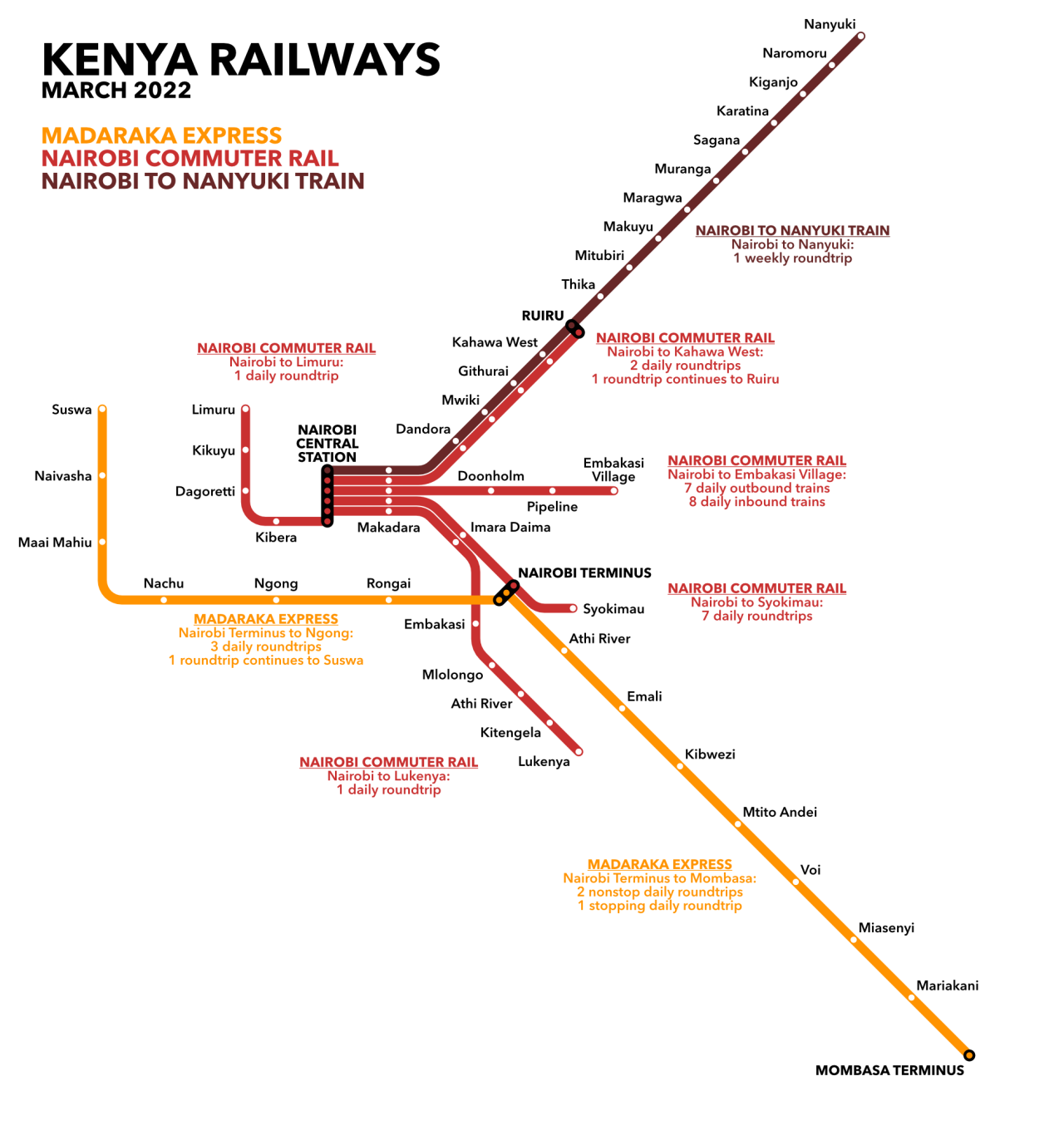 Kenya Railways System MapKenya’s rail system is pretty dang interesting, and is also a great illustration of how important track gauge can be. Nairobi’s commuter rail network runs on the historic meter-gauge lines, as does the Nairobi to Nanyuki... Kenya Railways System MapKenya’s rail system is pretty dang interesting, and is also a great illustration of how important track gauge can be. Nairobi’s commuter rail network runs on the historic meter-gauge lines, as does the Nairobi to Nanyuki...